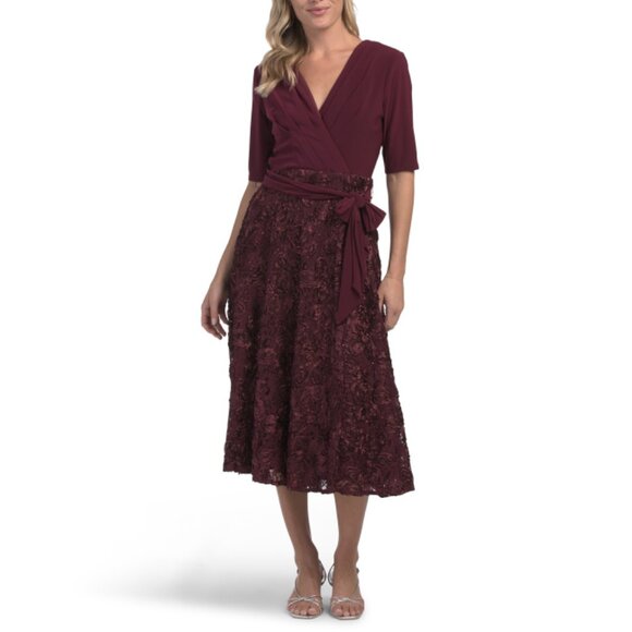 ALEX EVENINGS Merlot Rosette Tea Length Party Dress - Picture 1 of 2